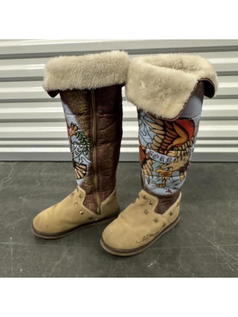 Vintage Ed Hardy "Born Free" Tattoo-Inspired Suede Boots - Size 6